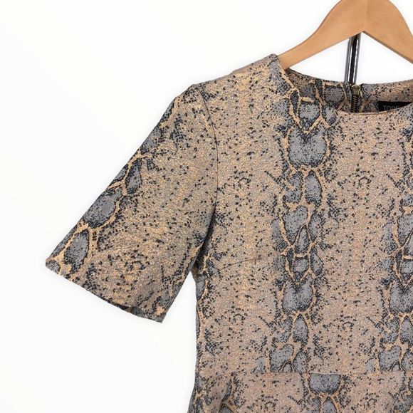 Topshop Tan Grey Snakeskin Print Mini Dress Metallic Gold Snake Minidress sz 8 - Picture 4 of 14
